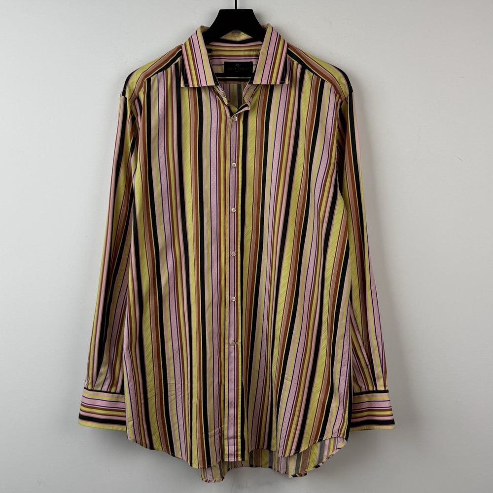 Etro Milano Button Up Shirt Mens 44‎ Multicolor Striped Italian Luxury Casual